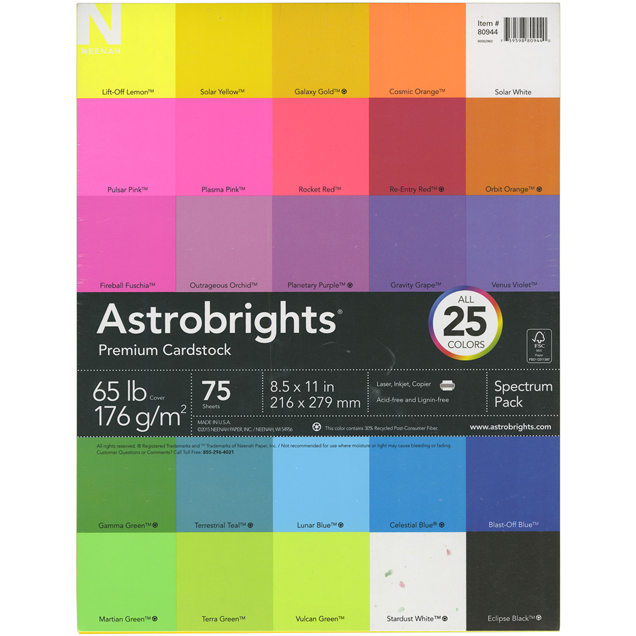 Astrobrights Cardstock, Spectrum, 8.5 Inch x 11 Inch - 75 sheets