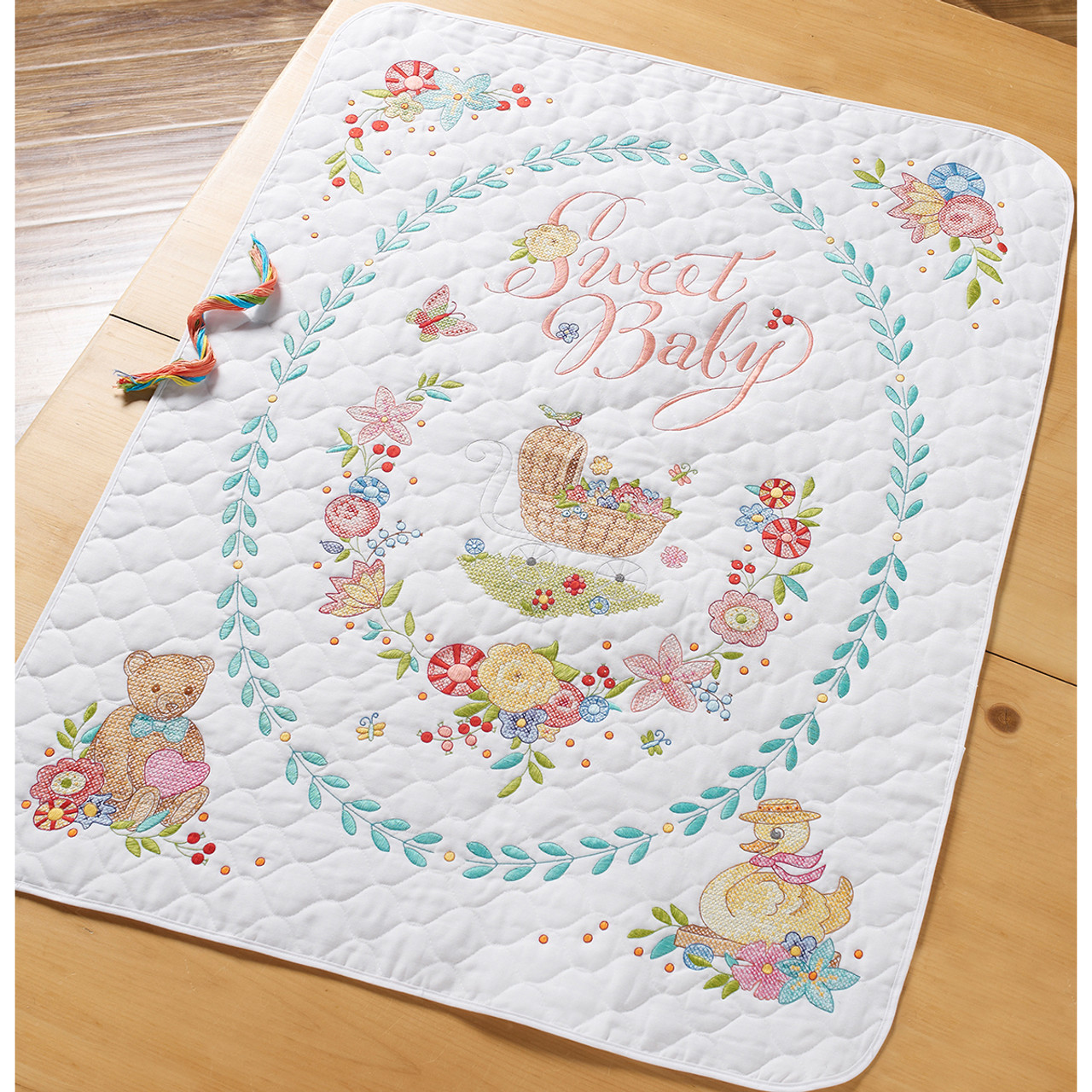 Bucilla Stamped Cross Stitch Crib Cover Kit 34X43-Springtime Baby Animals  49472E - GettyCrafts