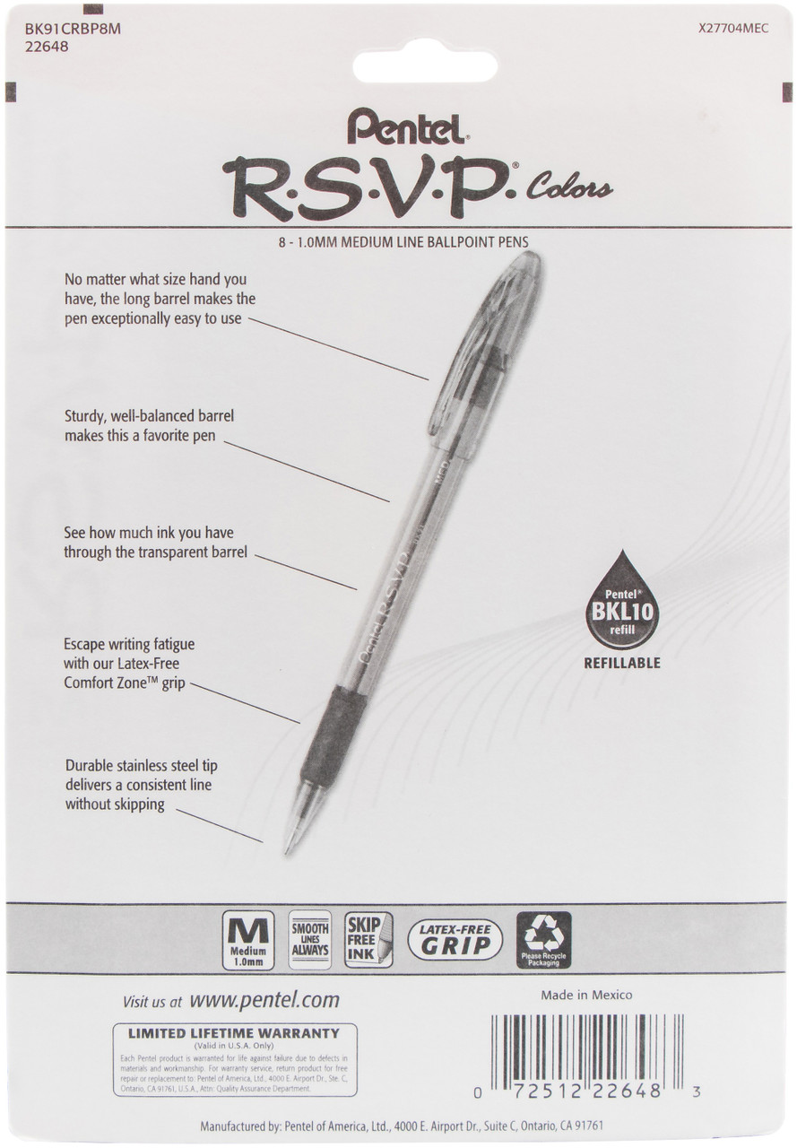 Pentel R.S.V.P. Colors Ballpoint Pen, Assorted - 8 count