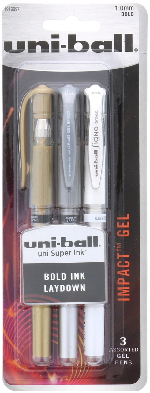 Uni-Ball Gel Impact Pen 3/Pkg-Gold, Silver, White UB191997