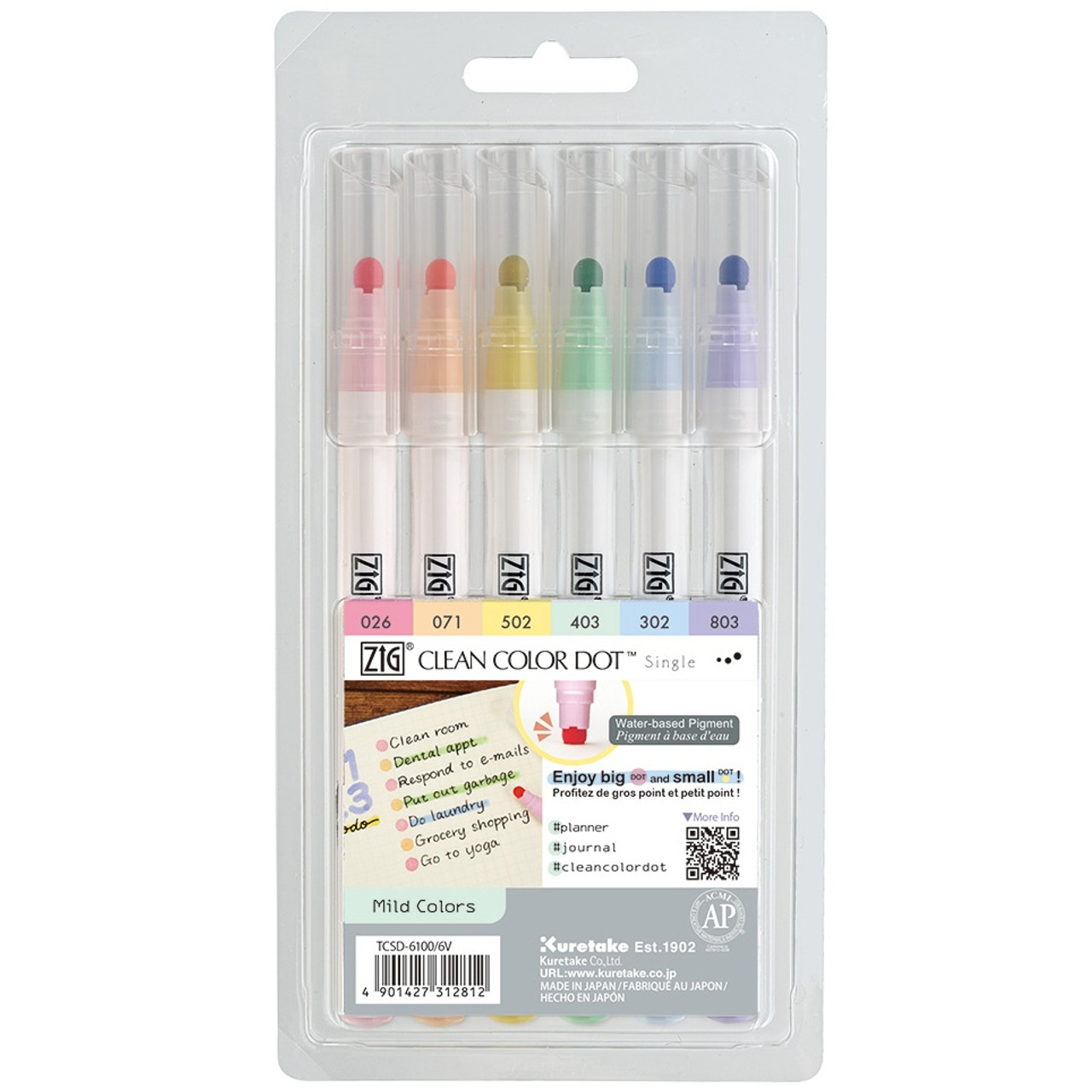 Kuretake ZIG Clean Color Dot Markers Mild Color 6/pkg