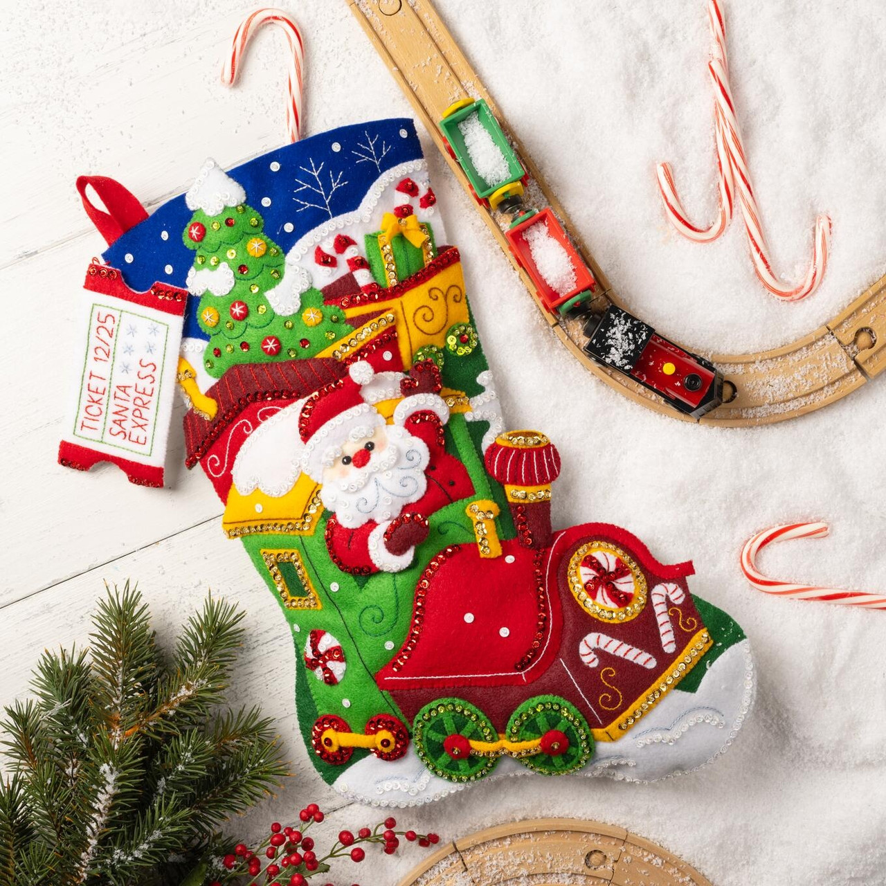 Bucilla Felt Stocking Applique Kit 18 Long-Santa's Peppermint Express  89611E - GettyCrafts