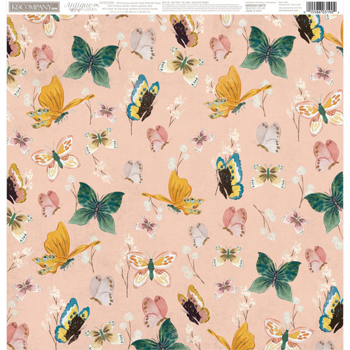 25 Pack - K&Company Antique Garden Double-Sided Paper 12"x12"-Gold Butterfly - AGRD12-68