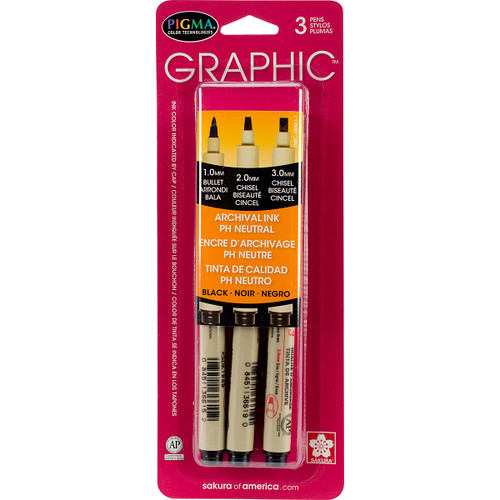 Sakura Pigma Graphic Pens 3pc Set (1mm, 2mm, 3mm)-Black - 38881 - 053482388814