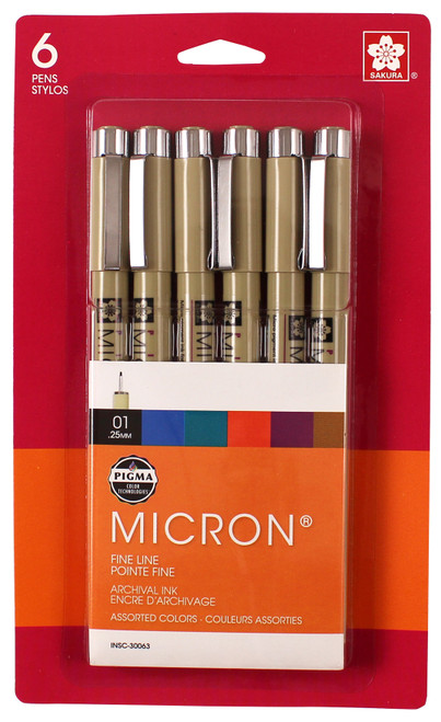 Sakura Pigma Micron Pens 6pc Set (01)-Black, Blue, Green, Red, Purple & Brown - 30063 - 053482300632
