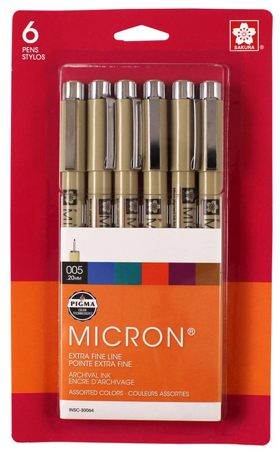 Sakura Pigma Micron Pens 6pc Set (005)-Black, Blue, Green, Red, Purple & Brown - 30064 - 053482300649