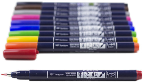 Tombow Fudenosuke Colors Hard Tip Brush Pens 10/Pkg-Assorted Colors - 56429