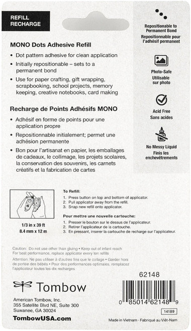 Mono Adhesive Dots Refill Permanent-.33"X39', For Use In 62147 - 62148 Mono Adhesive Dots Refill Permanent-.33"X39', For Use In 62147 - 62148