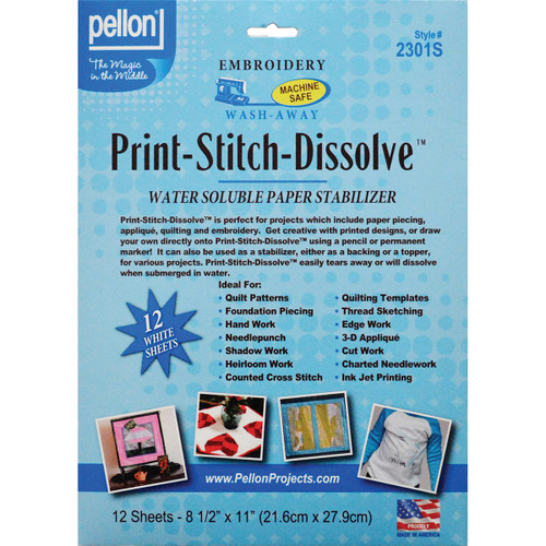 3 Pack - Pellon Print-Stitch-Dissolve Embroidery Paper Stabilizer-White 8.5"X11" 12/Pkg - 2301S - 075269970241