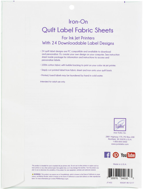 3 Pack - June Tailor Iron-On Ink Jet Quilt Label Fabric Sheets 2/Pkg-White, 8.5"X11" - JT403