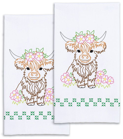 Jack Dempsey Stamped Decorative Hand Towel Pair 17"X28"-Baby Highland Cows - 5A00373B-1H83H