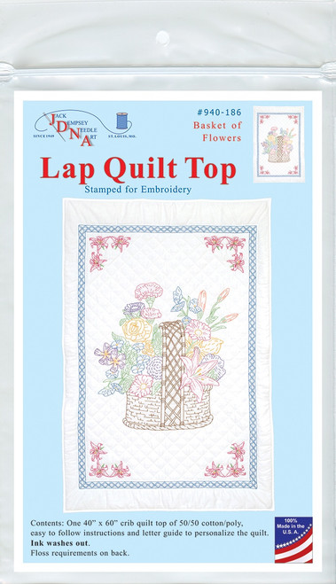 Jack Dempsey Stamped White Lap Quilt Top 40"X60"-Basket Of Flowers - 5A00372Z-1H83M - 013155641868