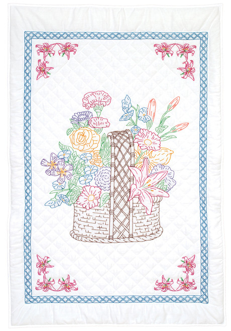 Jack Dempsey Stamped White Lap Quilt Top 40"X60"-Basket Of Flowers - 5A00372Z-1H83M
