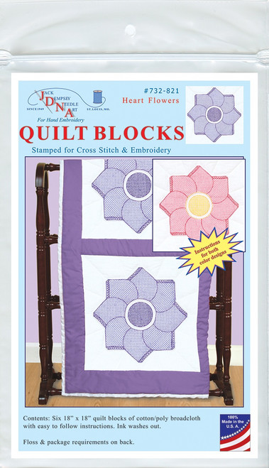 Jack Dempsey Stamped White Quilt Blocks 18"X18" 6/Pkg-Heart Flower - 5A00373C-1H83P - 013155478211