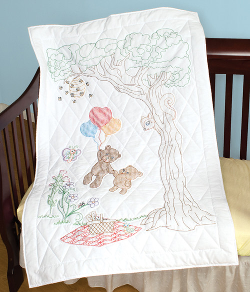 Jack Dempsey Stamped White Quilt Crib Top 40"X60"-Honey Bears - 5A00373G-1H83R Jack Dempsey Stamped White Quilt Crib Top 40"X60"-Honey Bears - 5A00373G-1H83R