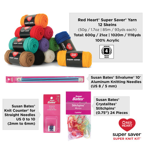 10 Pack - Red Heart Super Saver Super Yarn Kit-Knit W/Accessories - 5A00216H-1G4B0