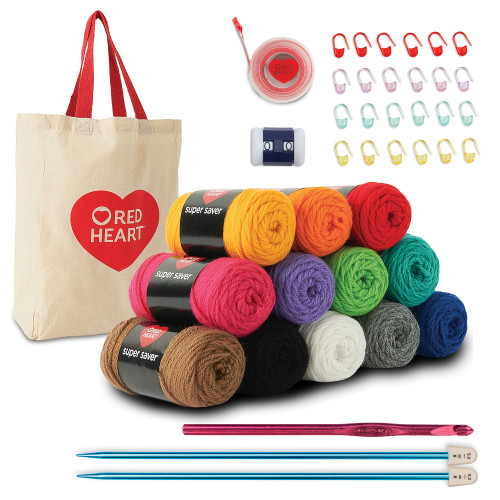 10 Pack - Red Heart Super Saver Super Yarn Kit-Stitchers W/Bag & Accessories - 5A00215M-1G4C1