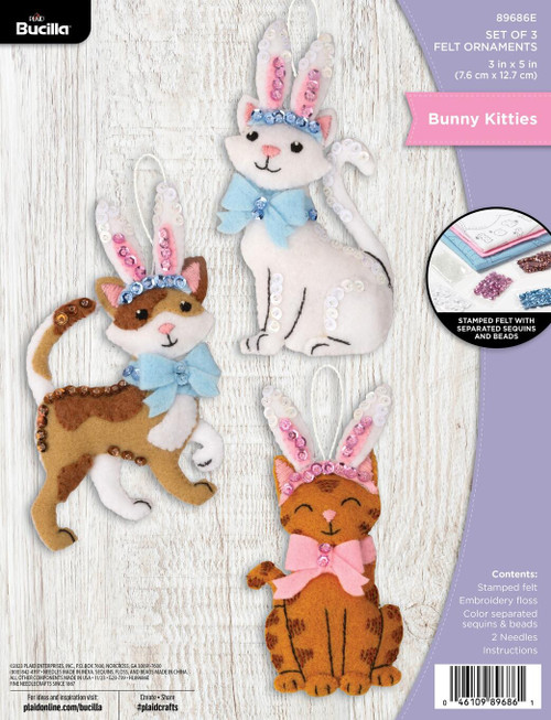 Bucilla Felt Ornaments Applique Kit Set Of 3-Bunny Kitties - 89686E - 046109896861