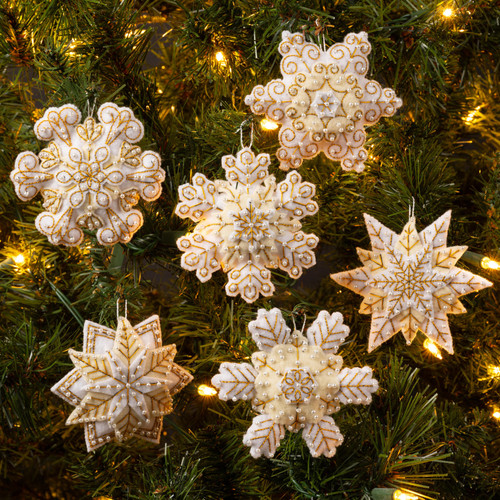 Bucilla Ornaments Felt Applique Kit Set Of 6-Pearl Snowflakes 4.25"X4" - 89682E - 046109896823
