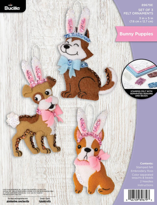 Bucilla Felt Ornaments Applique Kit Set Of 3-Bunny Puppies - 89679E - 046109896793