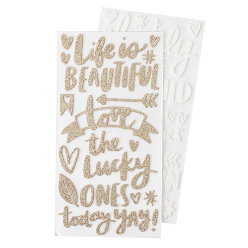 3 Pack - Amy Tan Hustle & Heart Thickers Stickers 72/Pkg-Phrase, Gold Glitter & White - 341887