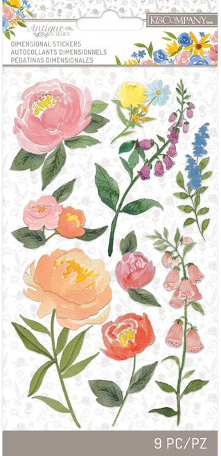 3 Pack - K&Company Antique Garden Vellum and Embossing Stickers 9/Pkg-Floral Blooms - 30000090