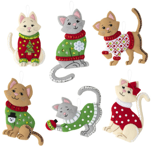 Bucilla Felt Ornaments Applique Kit Set Of 6-Cats In Ugly Sweaters - 89381E Bucilla Felt Ornaments Applique Kit Set Of 6-Cats In Ugly Sweaters - 89381E