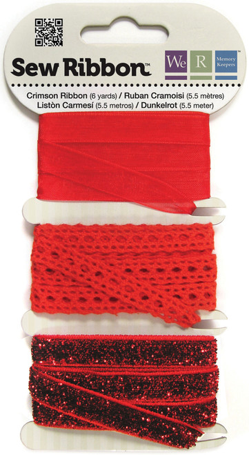 3 Pack - We R Memory Keepers Sew Ribbon .375"X6yds-Crimson - SRR7-1221 - 633356712213
