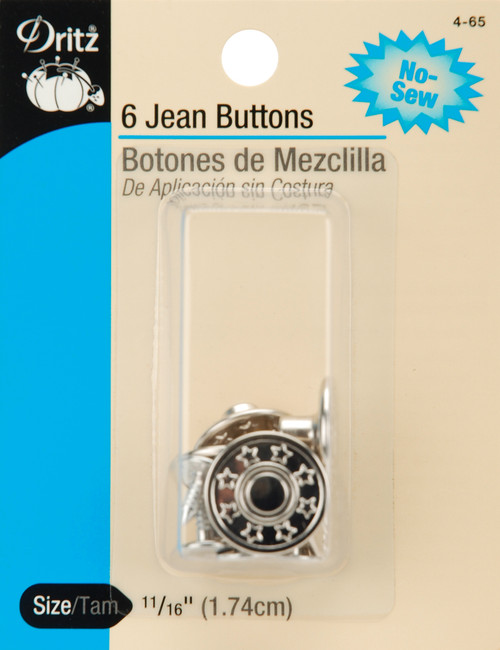 6 Pack - Dritz No-Sew Jean Buttons 11/16" 6/Pkg-Nickel - 4-65 - 072879103793
