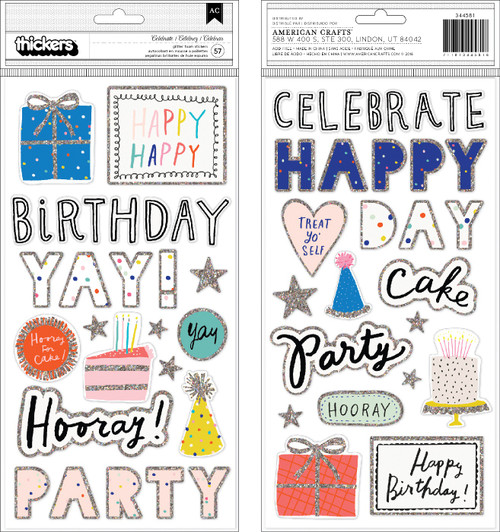 Hooray Thickers Stickers 57/Pkg-Words & Icons/Foam W/Glitter Accents - 344581