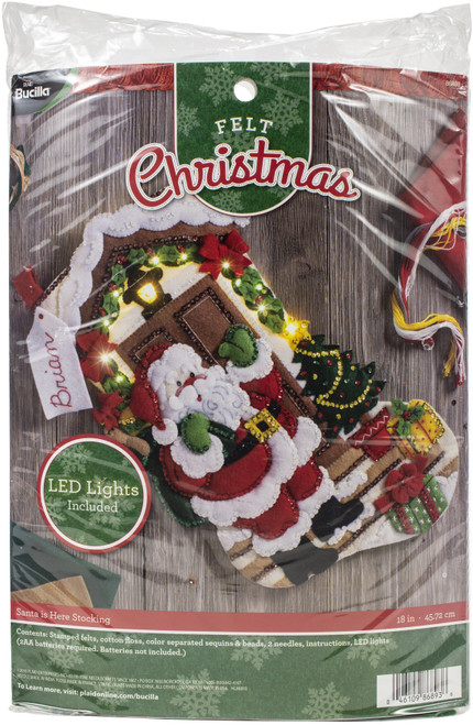 Bucilla Felt Stocking Applique kit 18" Long-Santa Is Here W/Lights - 86893 - 046109868936