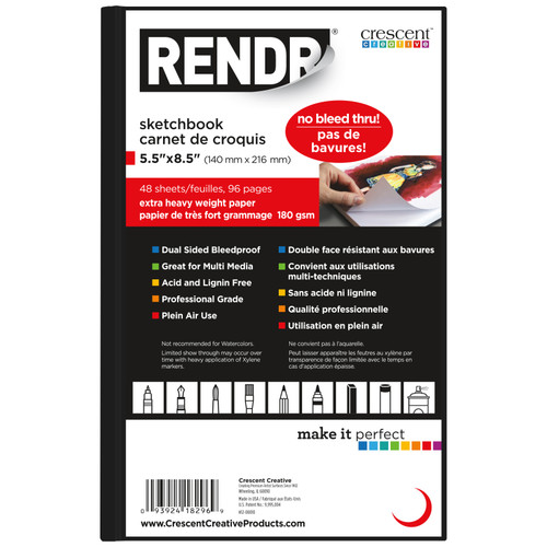 RENDR No Show Thru Hard Bound Sketch Book -5.5"x8.5", 48 Sheets - 12-00010-10C - 093924182969