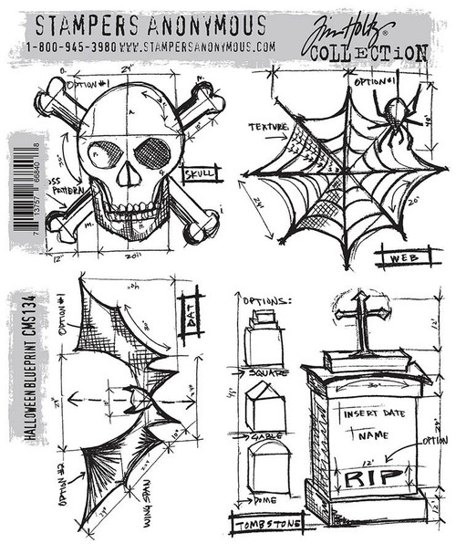 Tim Holtz Cling Stamps 7"X8.5"-Halloween Blueprint - CMS-134 - 713757668408