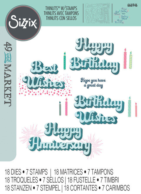 Sizzix Thinlits Die & A5 Stamp Set By 49 & Market-Birthday Wishes - 5A0034BS-1H61B - 630454292401