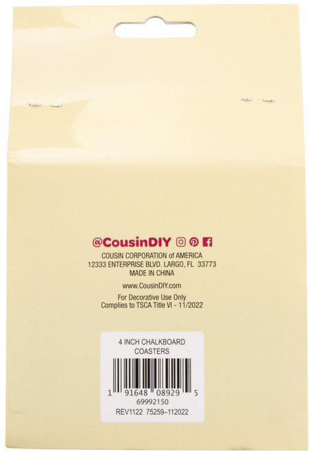 3 Pack - Cousin DIY 4 Pack Square Chalkboard Coasters-4"X4" - 5A002GLX-1GJ60