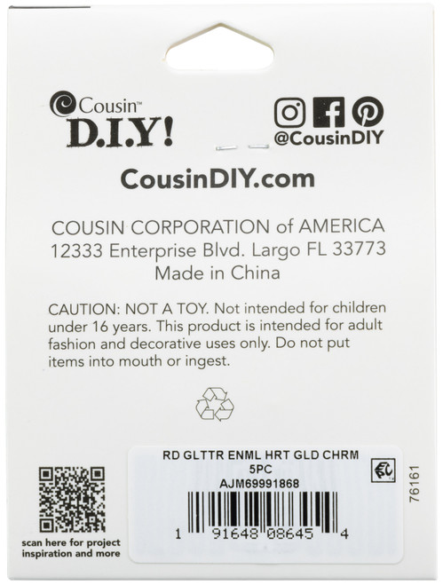 2 Pack - Cousin DIY Gold Metal Finish Heart Charm Set 5/Pkg-Red Glitter - 5A002GNH-1GJ5V