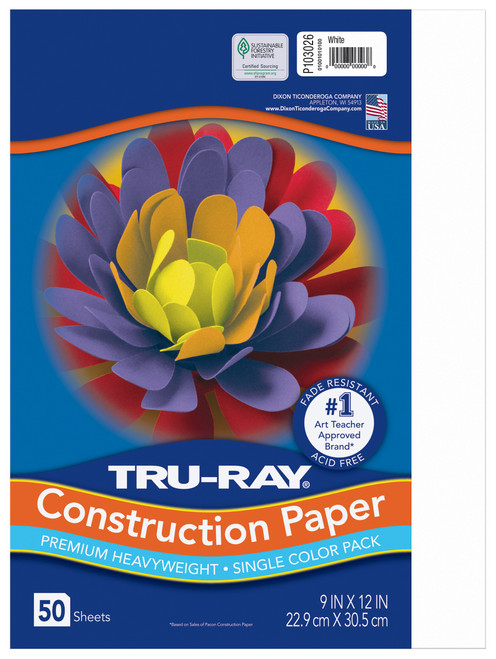 Tru-Ray Construction Paper 76lbs. White-9"X12", 50 Sheets - 5A0035HY-1H6SR - 084001030266