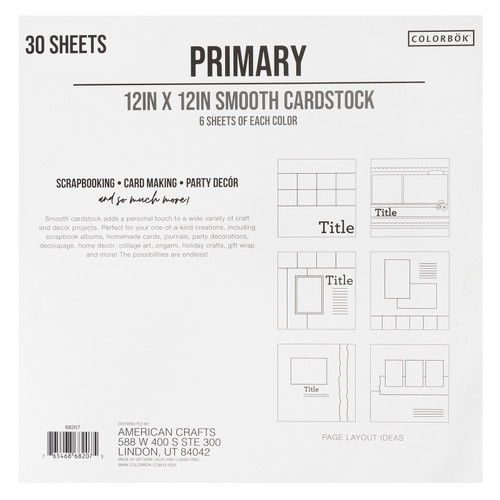 Colorbok 78lb Smooth Cardstock 12"X12" 30/Pkg-Primary, 5 Colors/6 Each - 68207B Colorbok 78lb Smooth Cardstock 12"X12" 30/Pkg-Primary, 5 Colors/6 Each - 68207B