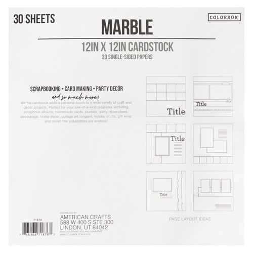 Colorbok 78lb Single-Sided Printed Cardstock 12"X12" 30/Pkg-Marble - 71876B