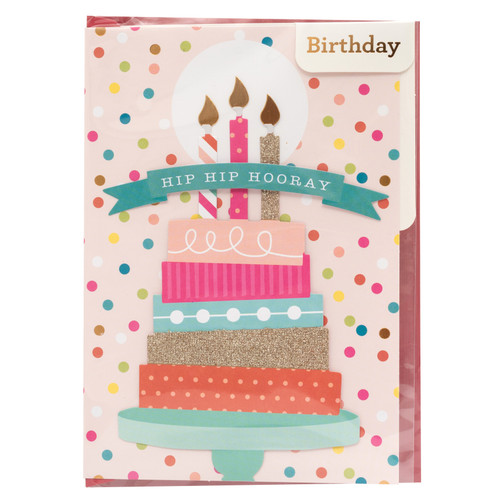 3 Pack - American Crafts Single Greeting Card W/Envelope 5"X7"-Hip Hip Hooray Cake W/Glitter & Foil - 344834 - 718813448345
