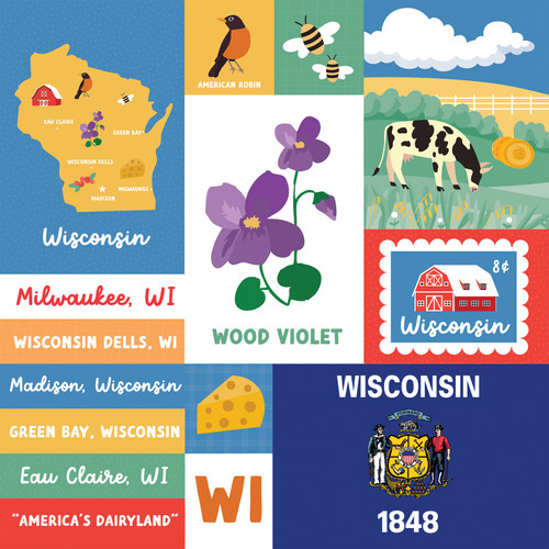 25 Pack - Echo Park Our United States Cardstock 12"X12"-Wisconsin - 5A003HYV-1HD6H