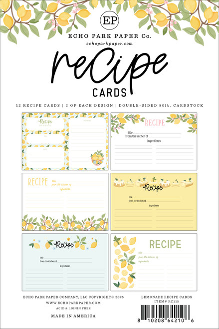 3 Pack - Echo Park Recipe Cards 4"X6"-Lemondade - 5A003HTQ-1HD2N