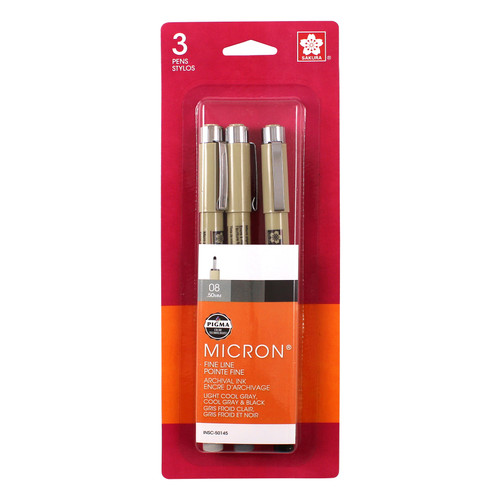 Sakura Pigma Micron .5mm Pens 3/Pkg-Black/Gray - 50145 - 053482501459