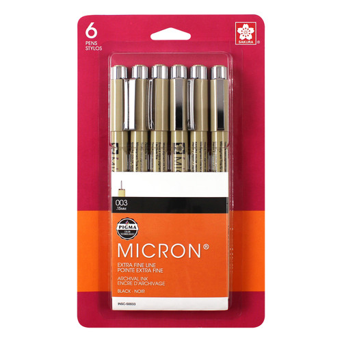 Pigma Micron Pens 003 .15mm 6/Pkg-Black - 50033 - 053482500339