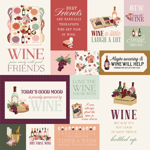 25 Pack - Carta Bella Wine Double-Sided Cardstock 12"X12"-Multi Journaling Cards - 5A003D37-1H9D6