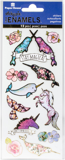 3 Pack - Paper House Sticky Pix Faux Enamel Stickers 8"X3"-Unicorns & Narwhals, 12/Pkg - STFE-0001 - 767636820951