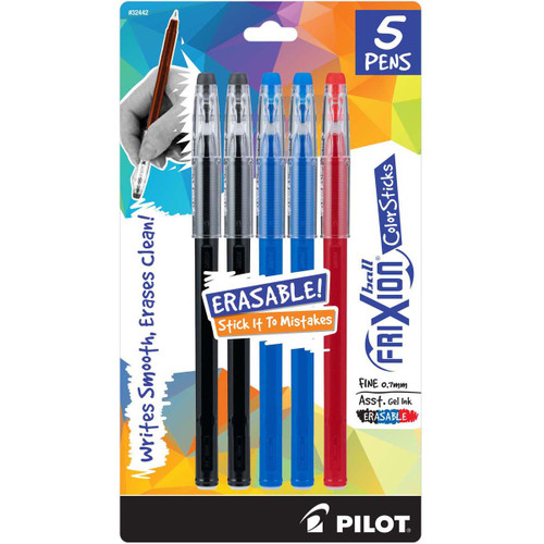 Pilot FriXion Ball Color Sticks Erasable Gel Pens 5/Pkg-2 Black, 2 Blue & 1 Red - F32442 - 072838324429