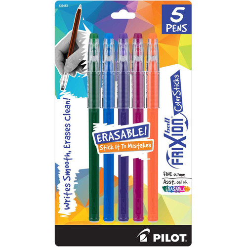 Pilot FriXion Ball Color Sticks Erasable Gel Pens 5/Pkg-Green, Blue, Purple, Magenta & Orange - F32443 - 072838324436
