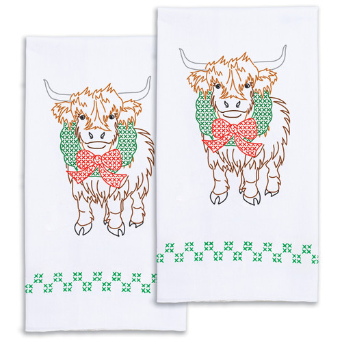 Jack Dempsey Stamped Decorative Hand Towels-Higland Cow Christmas - 5A003T8W-1HQ3Z