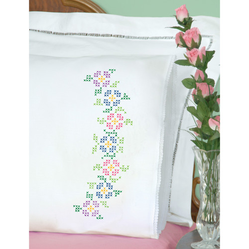 Jack Dempsey Cross-Stitch Stamped Pillowcases Lace Edge 2Pk-Flowers - 5A003T8Z-1HQ3N